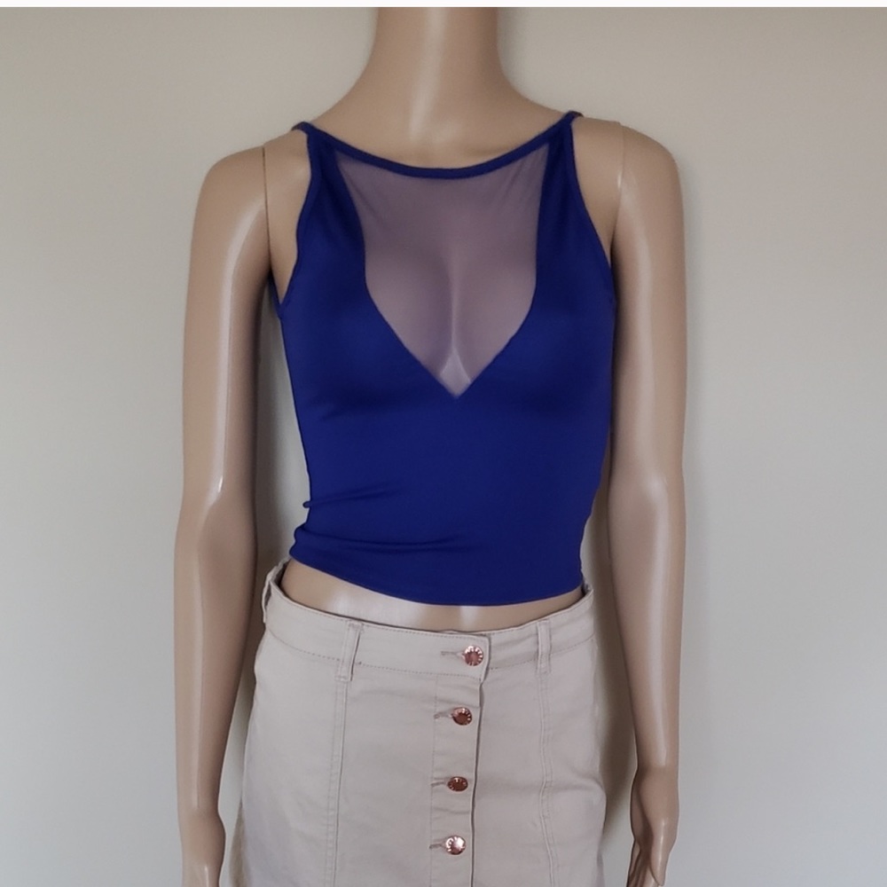 Blue mesh cut crop top